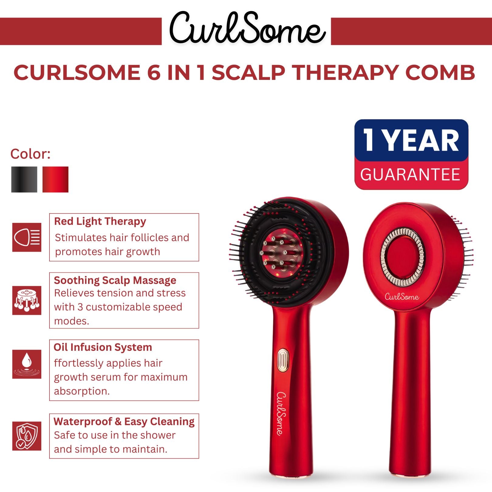 CURLSOME™ 6 IN 1 SCALP THERAPY COMB – RED LIGHT, MASSAGE & SERUM INFUSER