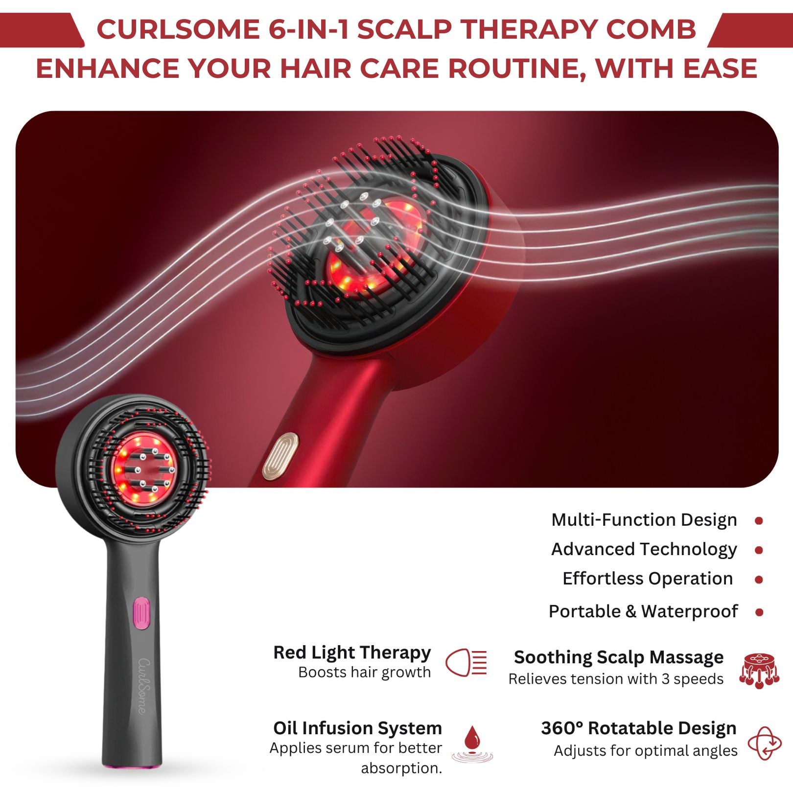 CURLSOME™ 6 IN 1 SCALP THERAPY COMB – RED LIGHT, MASSAGE & SERUM INFUSER